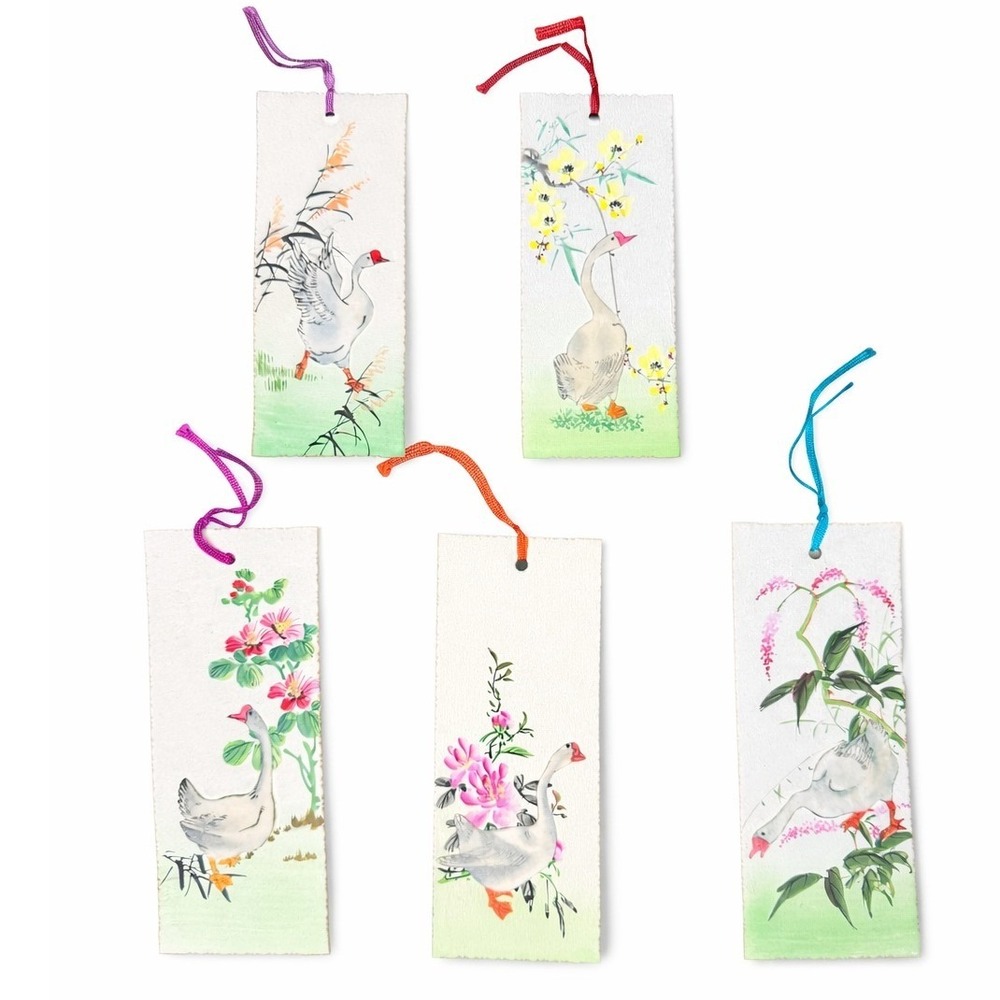 Vintage Asian Goose Bookmark Set Hand Painted Paper Tassel Chinese Art Decor